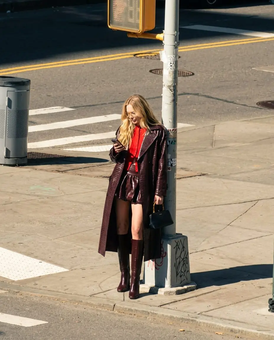 Série livrée, manteau rouge, passage piéton