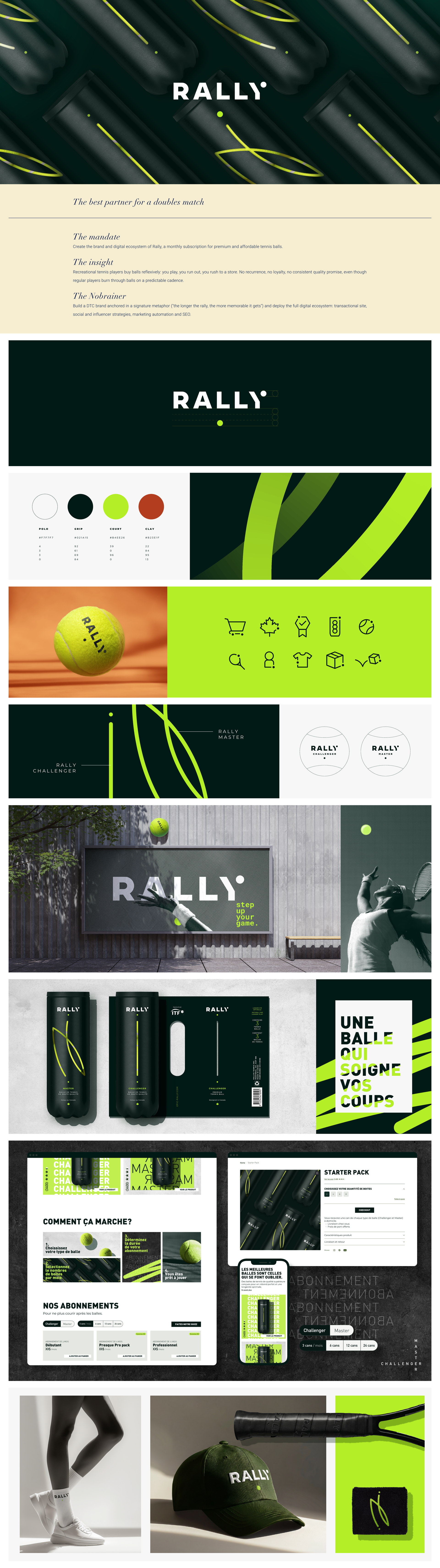 Rally case study by Nobrainer. The best partner for a doubles match. Brand identity, packaging and e-commerce for a tennis ball subscription.