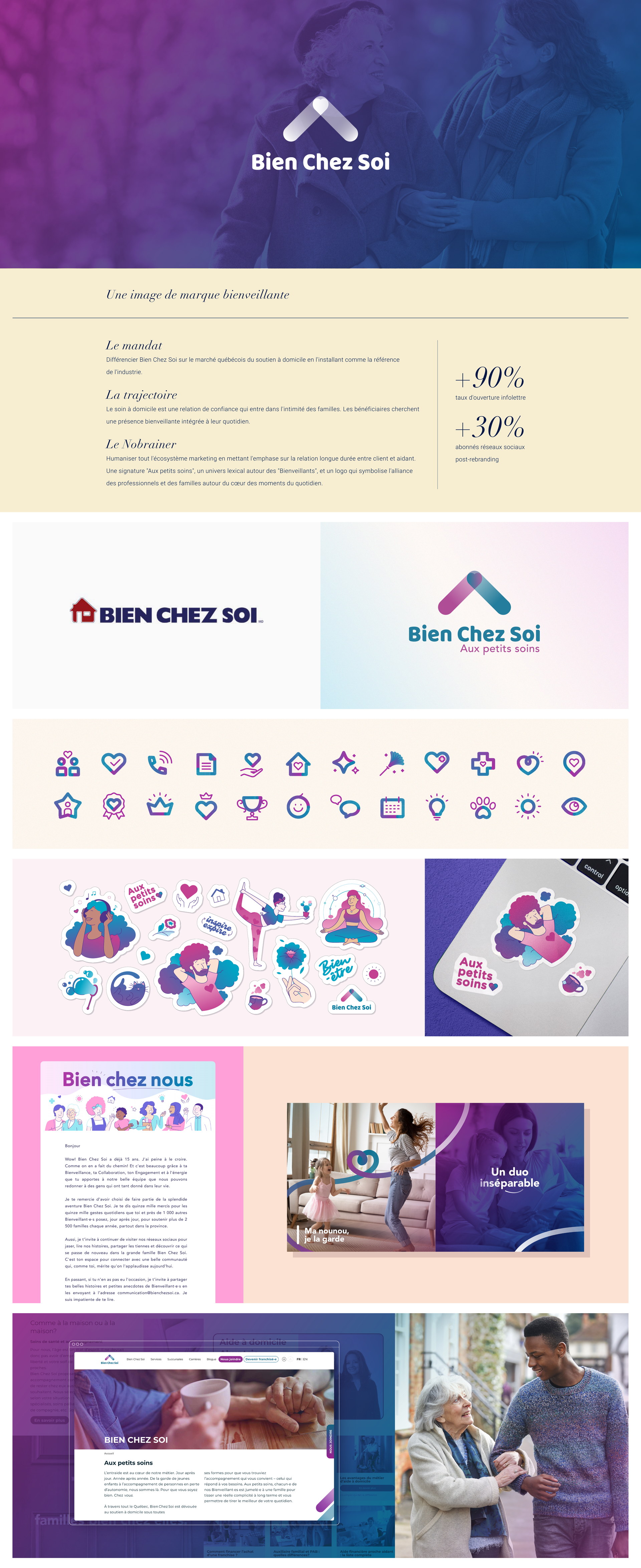 Étude de cas Bien Chez Soi par Nobrainer. Toujours bienveillant et encore plus pertinent. Refonte d'identité de marque pour un service d'aide à domicile : logo, système visuel et déclinaisons sociales.